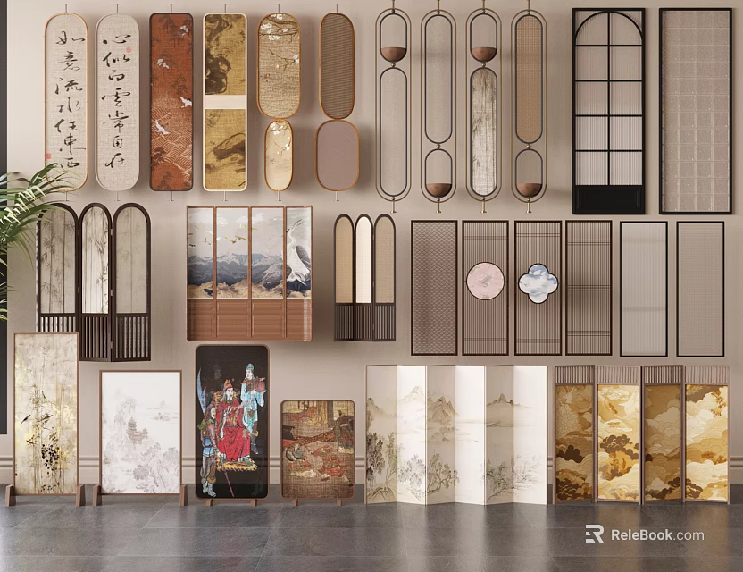 Decorative Screen Display With Various Styles Calligraphy Landscape Patterns And Frame Designs 3d model