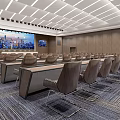 Modern Large Conference Room With Arranged Tables Chairs And City View Screen