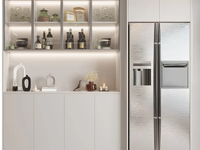 Modern Wine Cabinet In Kitchen With Glass Shelves Wine Bottles And Decorative Items 3d model