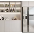 Modern Wine Cabinet In Kitchen With Glass Shelves Wine Bottles And Decorative Items