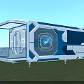 Modern Space Pod With Blue White Exterior Transparent Balcony And Digital