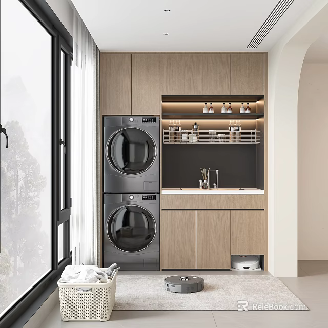 Modern Home Balcony With Washer Dryer Storage Cabinets And Large Windows 3d model 