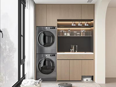 Modern Home Balcony With Washer Dryer Storage Cabinets And Large Windows 3d model