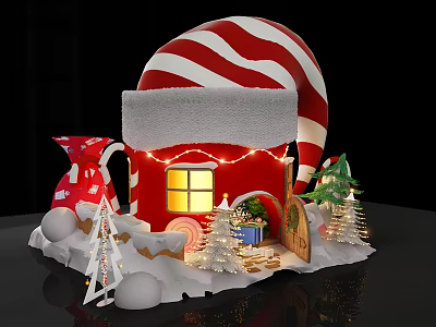 Festive Christmas Candy Cottage With Red White Striped Roof Lights Gift Boxes And Trees 3d model
