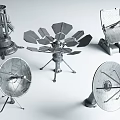 Metal Satellite Dishes And Radar Devices With Various Shapes Structures On Gray Background