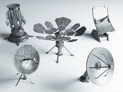 Metal Satellite Dishes And Radar Devices With Various Shapes Structures On Gray Background 3d model