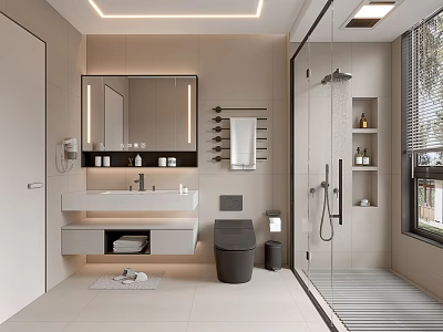 Modern Beige Bathroom Interior Design With Sink Mirror Toilet Glass Shower And Lighting 3d model