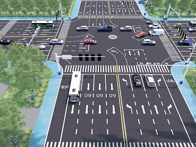 Modern Road Infrastructure at Urban Intersection with Traffic Lights Lane Markings Directional Arrows and Vehicles 3d model