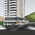 Modern Commercial Landscape With Tall Building Plaza Greenery Palm Trees Pathways And Pedestrians