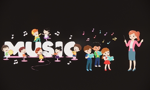 Modern 2D Cartoon Kids Music Singing Musical Instrument Band Publicity Illustration Silhouette 3d model