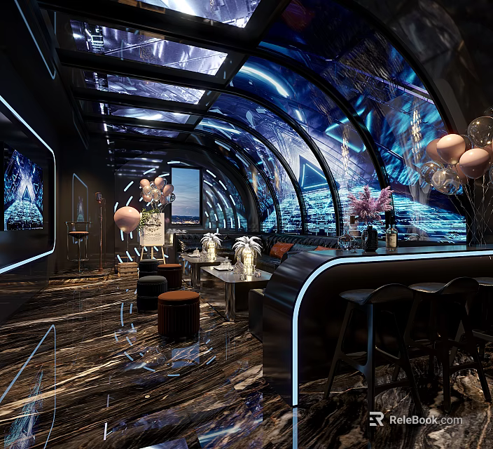Modern KTV Interior With Neon Lights Luxury Sofa Bar Counter And Stylish Decor 3d model 