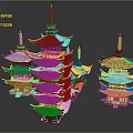 Cartoon Scenery Featuring Multiple Chinese Pagodas With Green Roofs And Red Decorations