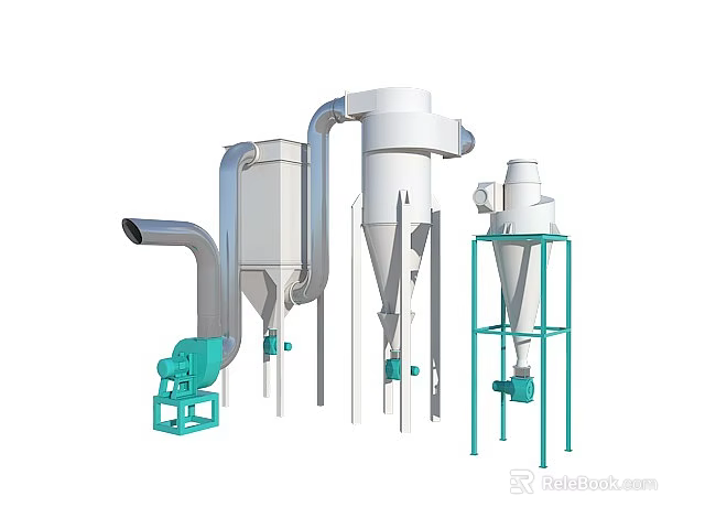 Industrial Processing Equipment With Conical Separators Dryer Piping System And Green Motor 3d model 
