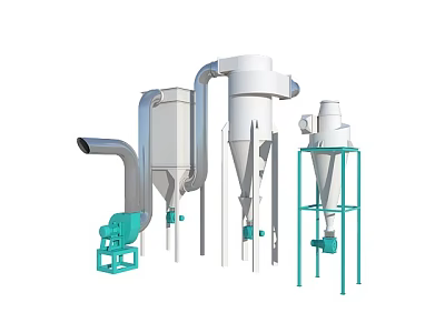 Industrial Processing Equipment With Conical Separators Dryer Piping System And Green Motor 3d model