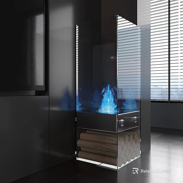 Modern Black Glass Panel Fireplace With Blue Flame And Wood Logs Design 3d model 