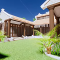 Detached Villa With Orange Roof And Reflection By Water With Palm Trees And Hills
