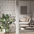 Textured Glass Room Divider For Modern Living Room With Sofa And Floor Lamp