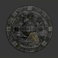 Medieval Weapon Shield With Blue Yellow Emblem On Circular Stone Structure With Pillars 3d model