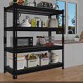 Kitchen Storage Shelf With Microwave Bread Maker Containers And Fresh Fruits Vegetables 3d model