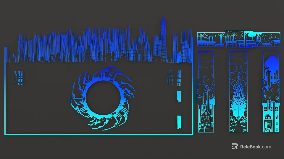Abstract Geometric Design With Blue Cyan Lines City Skyline Circular Spiral And Vertical Ornamental Structures 3d model 