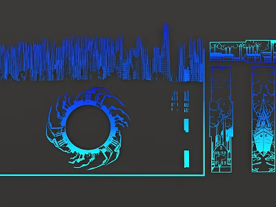 Abstract Geometric Design With Blue Cyan Lines City Skyline Circular Spiral And Vertical Ornamental Structures 3d model
