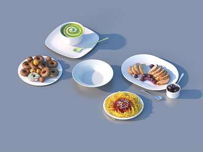 Assorted Food Display With Green Tea Latte Donuts Spaghetti And Sliced Bread 3d model