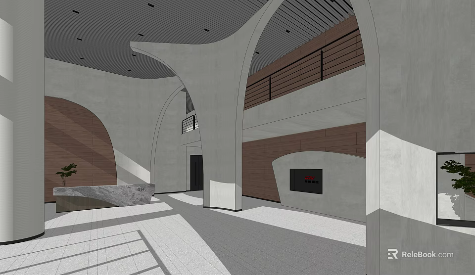 Modern Reception Desk Area With Concrete Arch And Wood Interior Design Elements 3d model