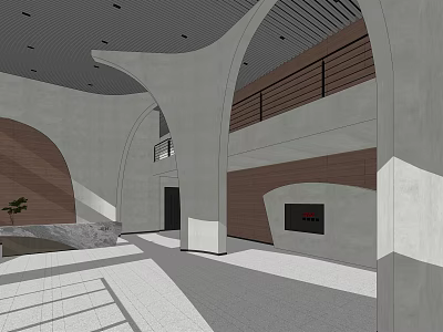 Modern Reception Desk Area With Concrete Arch And Wood Interior Design Elements 3d model