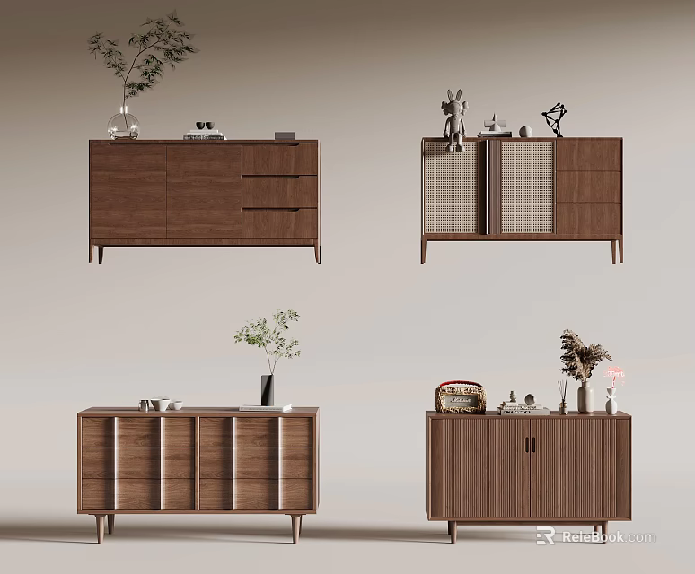 Wooden Entryway Cabinets and Sideboards with Decorative Vases and Potted Plants 3d model 