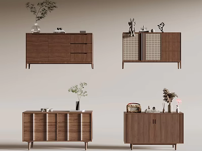 Wooden Entryway Cabinets and Sideboards with Decorative Vases and Potted Plants 3d model