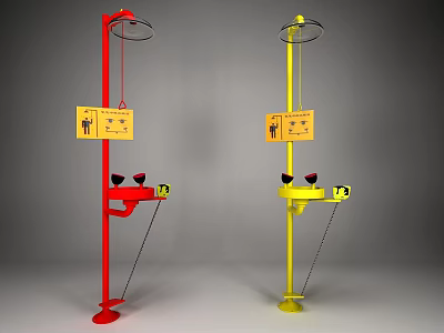 Laboratory Safety Eyewash Stations With Red And Yellow Shower Heads And Warning Signs 3d model