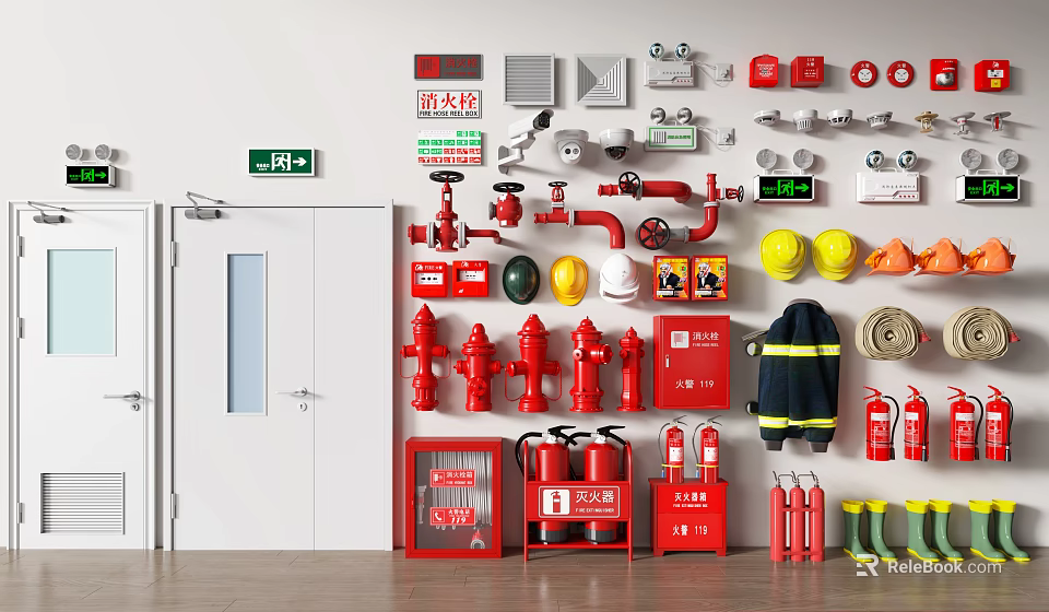 Essential Fire Safety Equipment Display With Hydrants Extinguishers Hoses Helmets Suits And Exit Signs 3d model 
