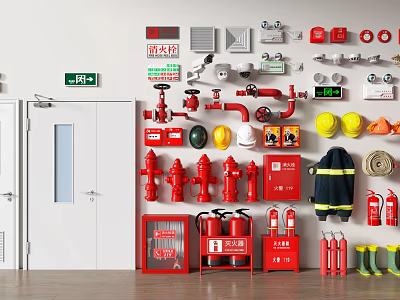 Essential Fire Safety Equipment Display With Hydrants Extinguishers Hoses Helmets Suits And Exit Signs 3d model