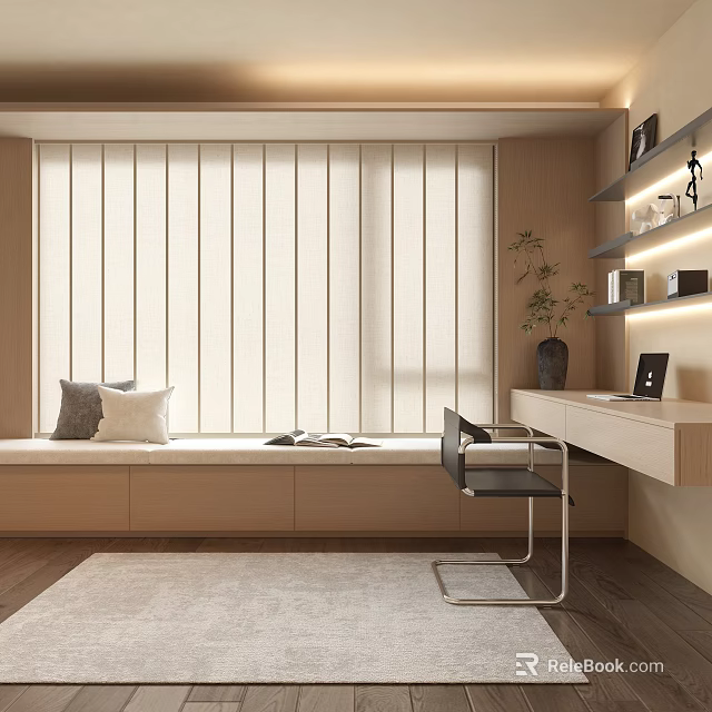 Modern Study Room Interior With Vertical Striped Blinds Window Seat Pillows Desk And Plant 3d model 