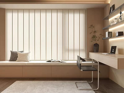 Modern Study Room Interior With Vertical Striped Blinds Window Seat Pillows Desk And Plant 3d model