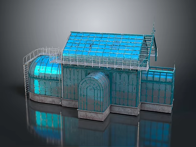 Blue Glass Greenhouse Building With Metal Frame Arched Windows And Stairs Design 3d model
