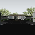 Serene Modern Garden Landscape With Lush Trees Water Pool Reflection And Outdoor Seating