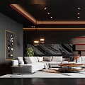 Modern Dark Living Room With Sofas Artwork Red Shelves And Large Windows 3d model