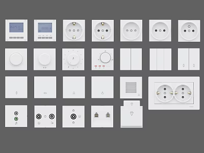 White Modern Switch Panels With Various Sockets Knobs And Digital Displays 3d model