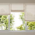 Beige Linen Window Curtains With White Frame And Green Trees Outside View