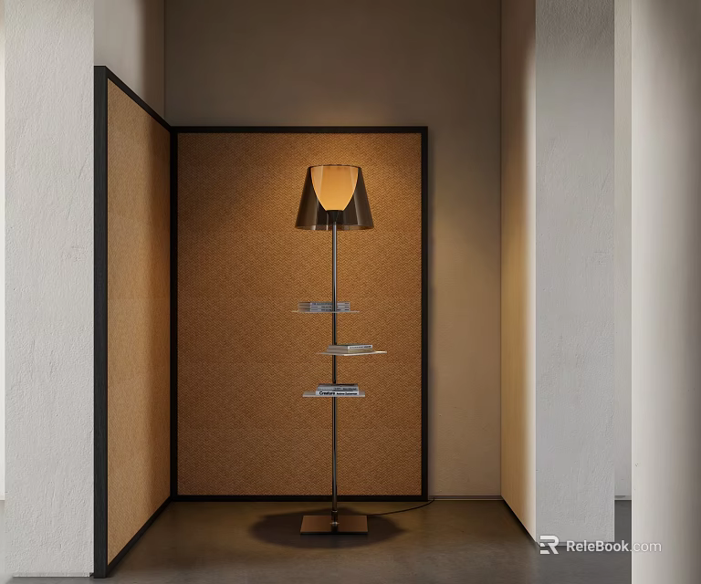 Modern Floor Lamp With Metal Stand Multiple Shelves And Corkboard Background Design 3d model 