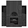 Gray Brick Fireplace with Burning Fire Wooden Shovel Stacks of Firewood and Shelf