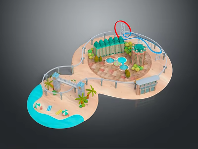 Modern Resort Area With Sandy Beach Pools Palm Trees Buildings And Water Slide 3d model