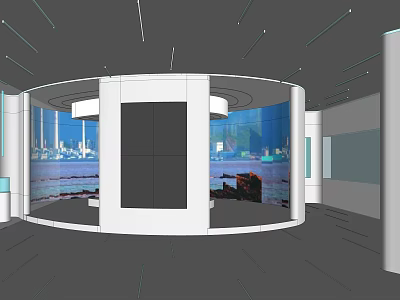 Modern Circular Exhibition Space with Curved White Walls and Large Windows Overlooking Seaview and Cityscape 3d model