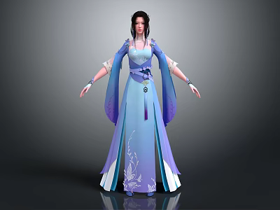 Fantasy Female Character In Elegant Blue Purple Robe With White Dragon Patterns 3d model