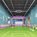 Indoor Football Field With Blue Walls White Sports Silhouettes Hexagon Decorations Green Turf And Goalpost