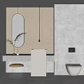 Modern Bathroom Interior With Round Mirror Wall Mounted Toilet Vanity And Potted Plant