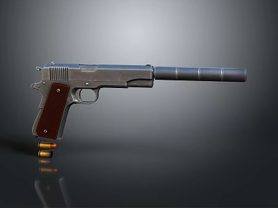 Modern Tactical Pistol With Silencer Wooden Grip Metal Body And Bullet Shells 3d model