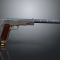 Modern Tactical Pistol With Silencer Wooden Grip Metal Body And Bullet Shells