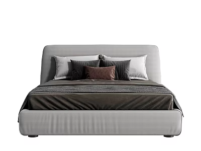 Modern Minimalist Double Bed With Gray Headboard And Multiple Pillows In Gray White Brown Tones 3d model